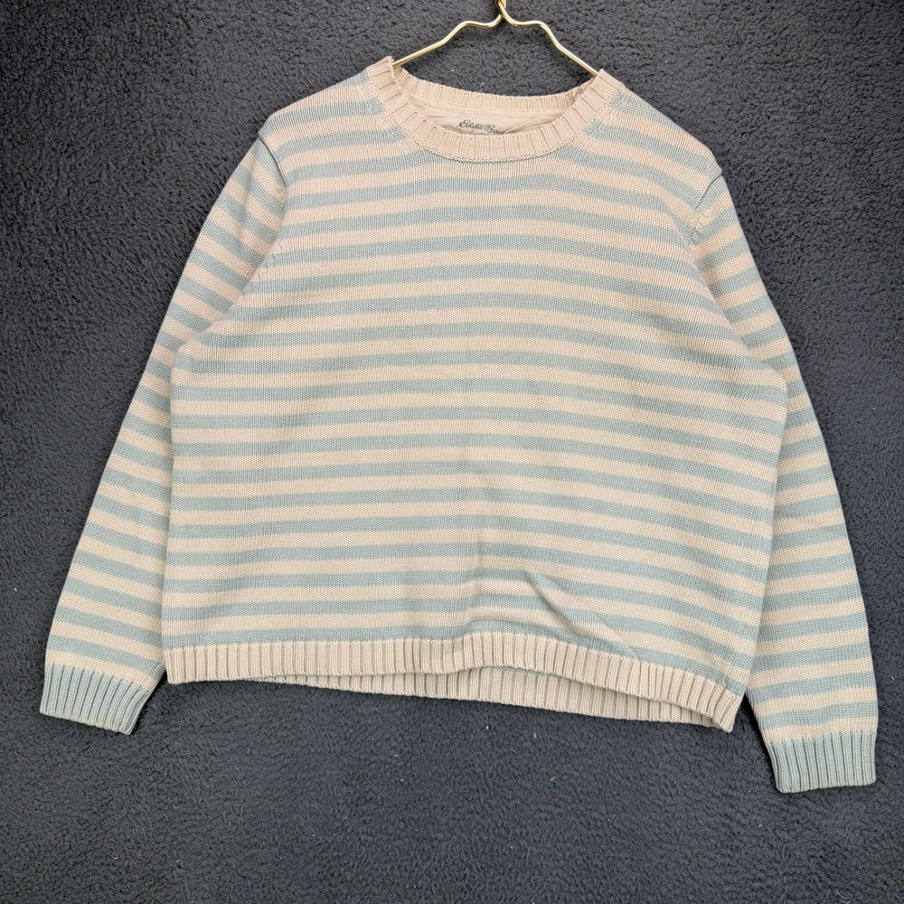 Eddie Bauer XXL Women Blue Beige Striped 100% Cotton Crewneck Sweater Australia